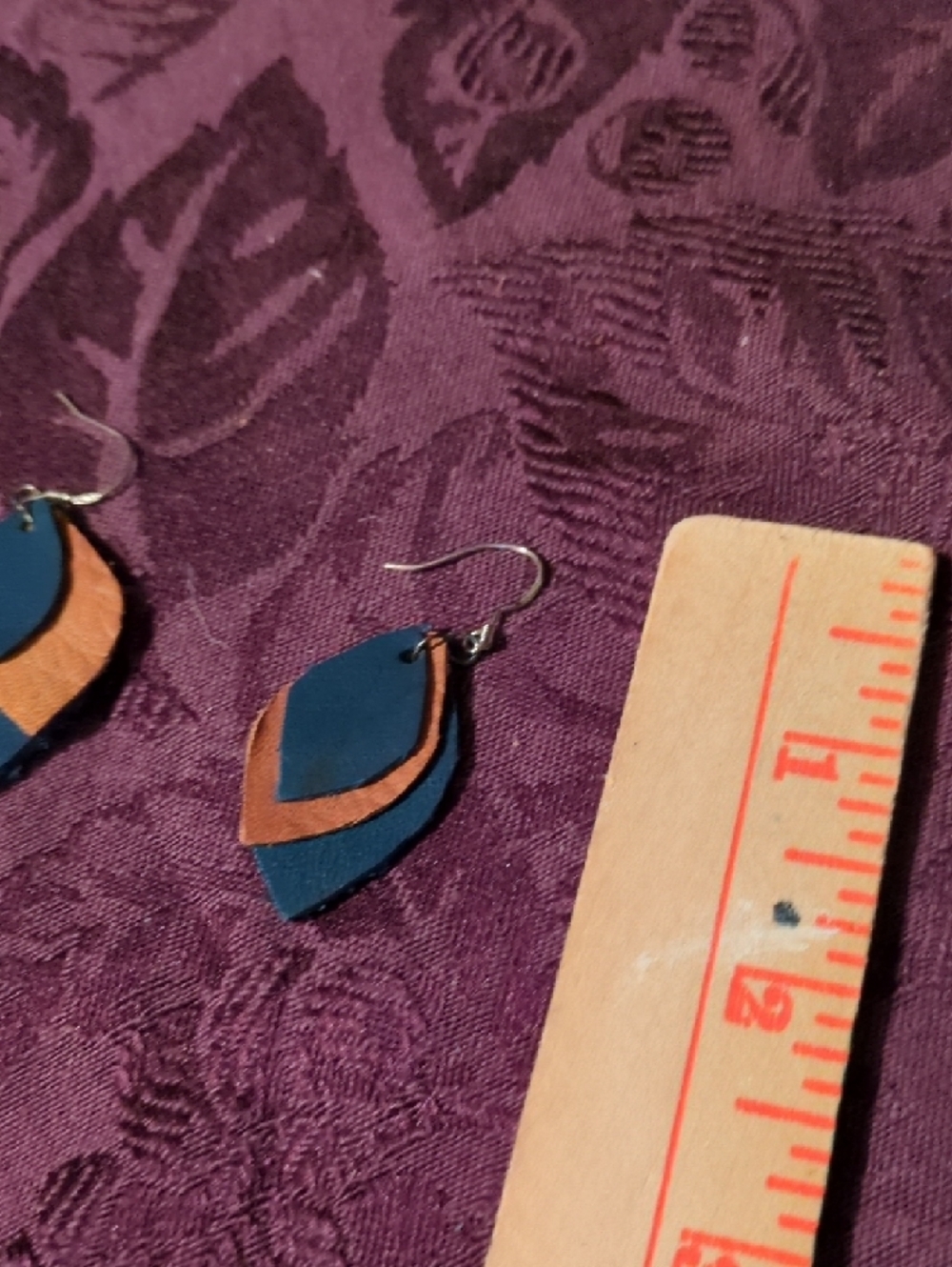 Handmade Blue and Tan Genuine Leather Layered Leaf Drop Earrings 925 Hook - Picture 6 of 8